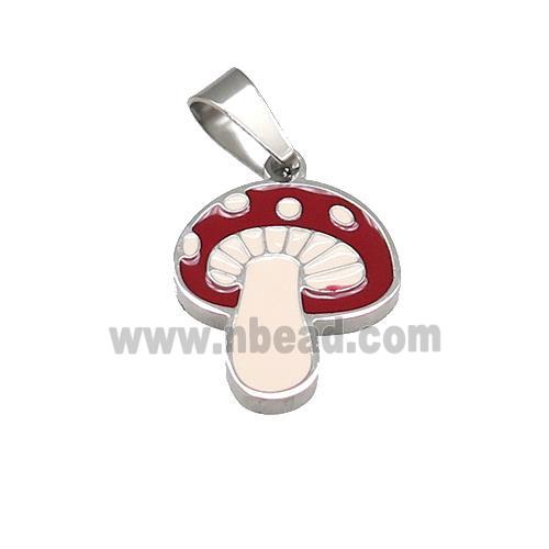 Raw Stainless Steel Mushroom Pendant Red Enamel