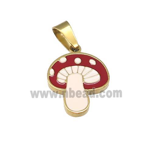 Stainless Steel Mushroom Pendant Red Enamel Gold Plated