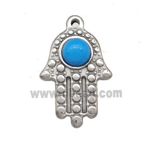 Raw Stainless Steel Hand Pendant Pave Blue Synthetic Turquoise