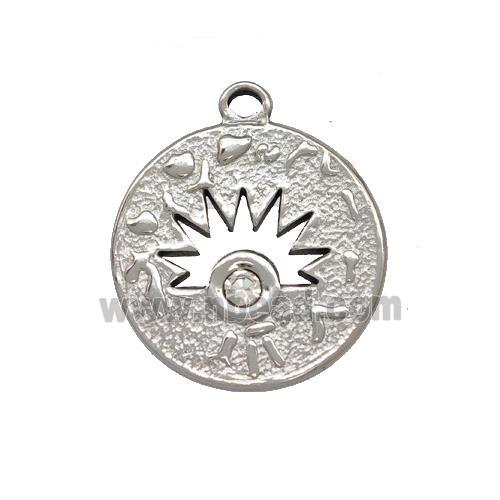 Raw Stainless Steel Sunburst Pendant Pave Rhinestone Circle