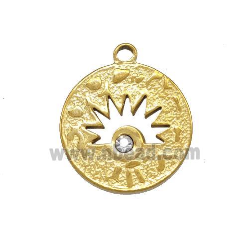 Stainless Steel Sunburst Pendant Pave Rhinestone Circle Gold Plated