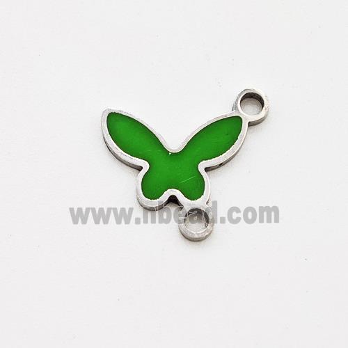 Raw Stainless Steel Butterfly Pendant Green Enamel