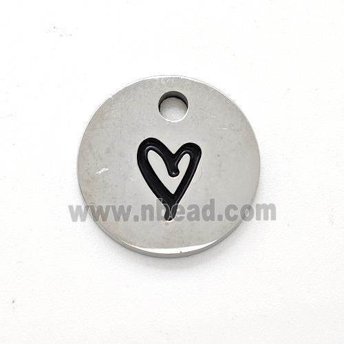 Raw Stainless Steel Circle Pendant Black Enamel Heart