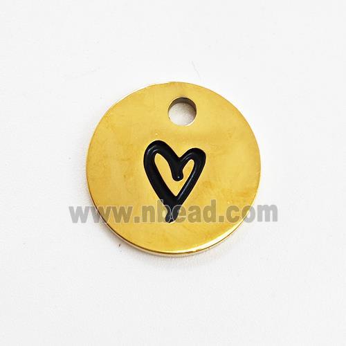 Stainless Steel Circle Pendant Black Enamel Heart Gold Plated