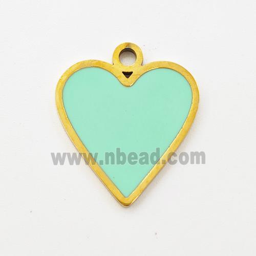 Stainless Steel Heart Pendant Apple Green Enamel Gold Plated