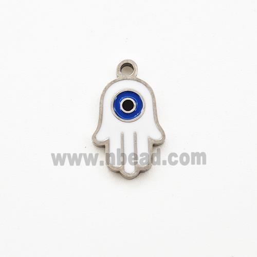 Raw Stainless Steel Hand Pendant White Enamel Evil Eye