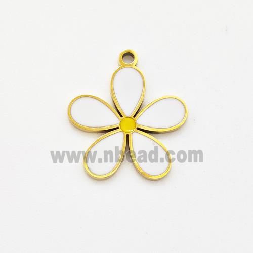 Stainless Steel Flower Pendant White Enamel Gold Plated