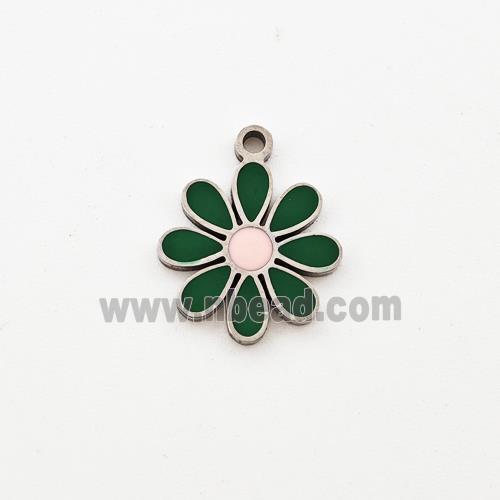 Raw Stainless Steel Flower Pendant Green Enamel