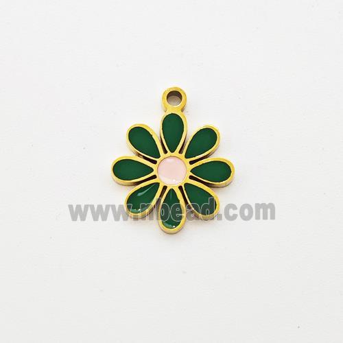 Stainless Steel Flower Pendant Green Enamel Gold Plated