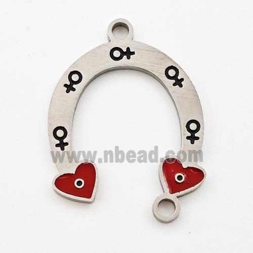 Raw Stainless Steel Horseshoe Pendant Heart Red Enamel