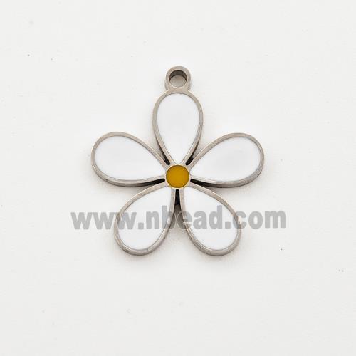 Raw Stainless Steel Flower Pendant White Enamel