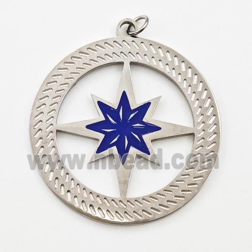 Raw Stainless Steel Compass Pendant Blue Enamel