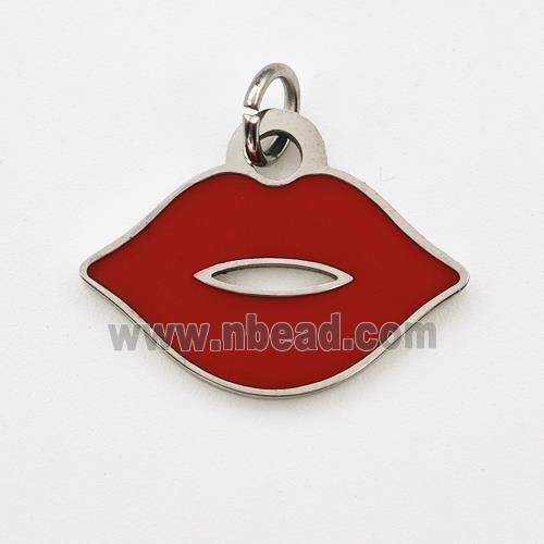 Raw Stainless Steel Lips Pendant Red Enamel