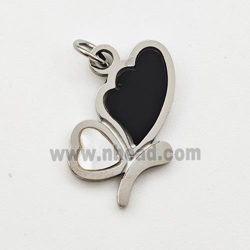 Raw Stainless Steel Butterfly Pendant Black Enamel