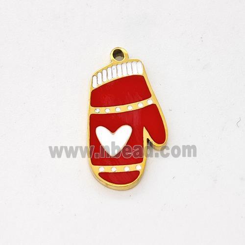 Christmas Mitten Charms Stainless Steel Pendant Red Enamel Gold Plated