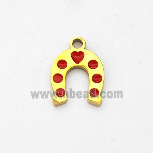 Stainless Steel Horse-Shoe Pendant Red Enamel Gold Plated