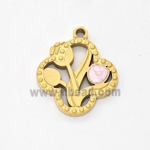 Stainless Steel Flower Pendant Pink Painted Gold Plated