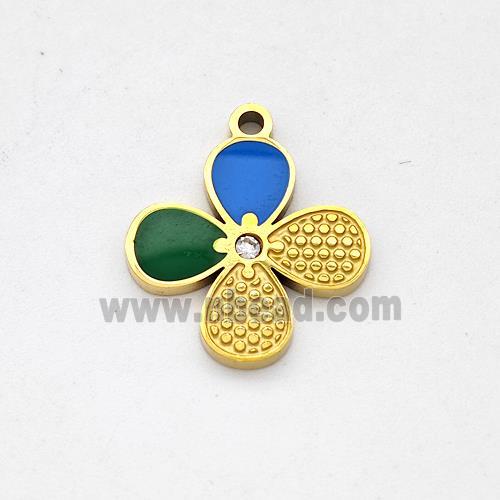 Stainless Steel Clover Pendant Blue Green Enamel Gold Plated