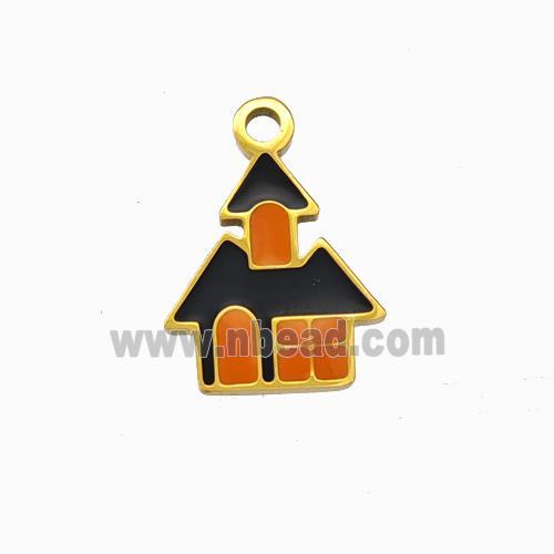 Halloween Castle Charms 304 Stainless Pendant Black Orange Enamel Gold Plated