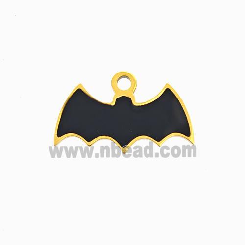 Halloween Bat Charms 304 Stainless Pendant Black Enamel Gold Plated