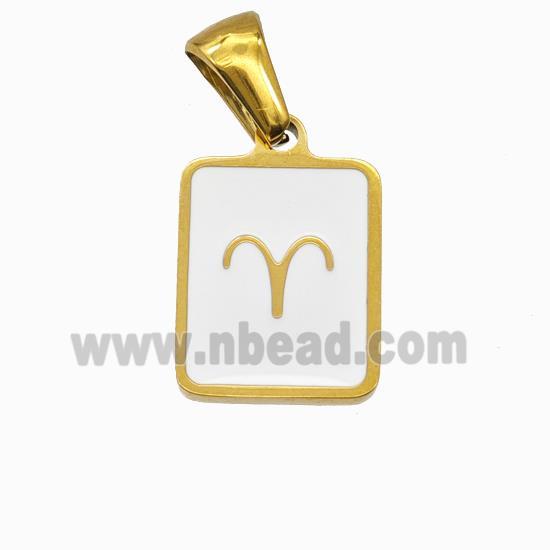 Stainless Steel Symbol Pendant Zodiac Aries White Enamel Rectangle Gold Plated