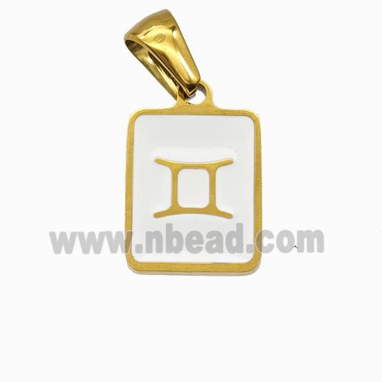 Stainless Steel Symbol Pendant Zodiac Gemini White Enamel Rectangle Gold Plated