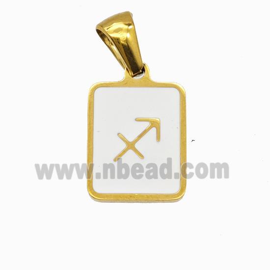 Stainless Steel Symbol Pendant Zodiac Sagittarius White Enamel Rectangle Gold Plated