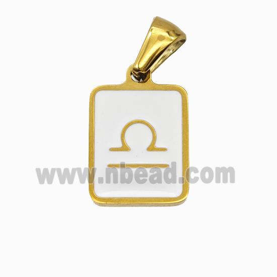 Stainless Steel Symbol Pendant Zodiac Libra White Enamel Rectangle Gold Plated