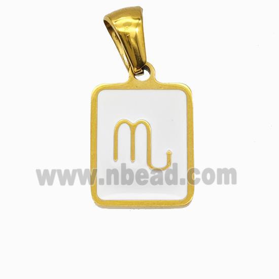 Stainless Steel Symbol Pendant Zodiac Scorpio White Enamel Rectangle Gold Plated