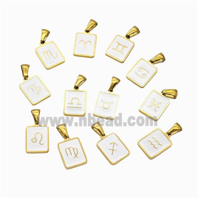 Stainless Steel Symbol Pendant Zodiac White Enamel Rectangle Gold Plated Mixed