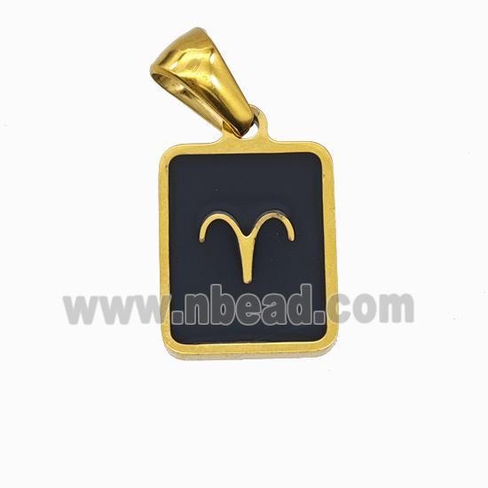 Stainless Steel Symbol Pendant Zodiac Aries Black Enamel Rectangle Gold Plated