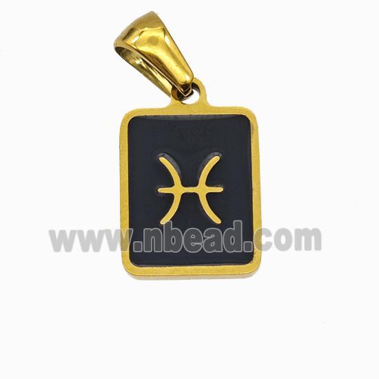 Stainless Steel Symbol Pendant Zodiac Pisces Black Enamel Rectangle Gold Plated