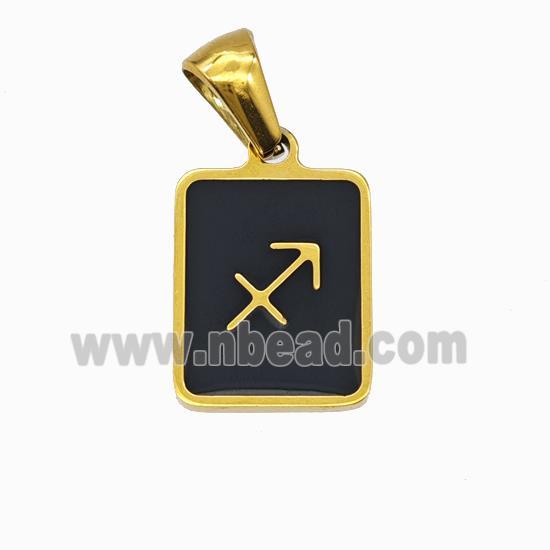 Stainless Steel Symbol Pendant Zodiac Sagittarius Black Enamel Rectangle Gold Plated