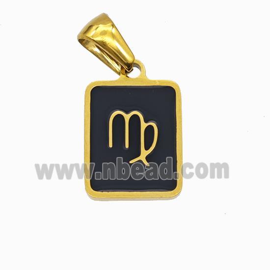 Stainless Steel Symbol Pendant Zodiac Virgo Black Enamel Rectangle Gold Plated