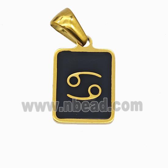 Stainless Steel Symbol Pendant Zodiac Cancer Black Enamel Rectangle Gold Plated