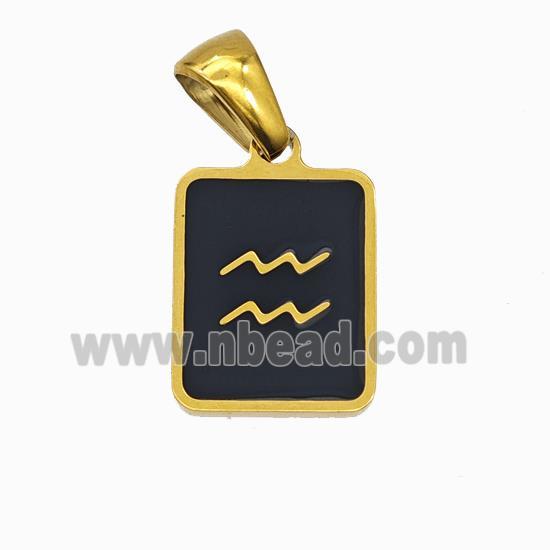 Stainless Steel Symbol Pendant Zodiac Aquarius Black Enamel Rectangle Gold Plated