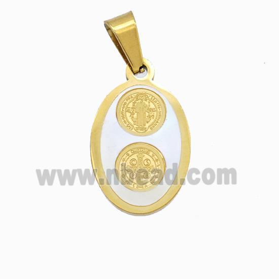 Jesus Charms Stainless Steel Oval Pendant Pave Shell Gold Plated