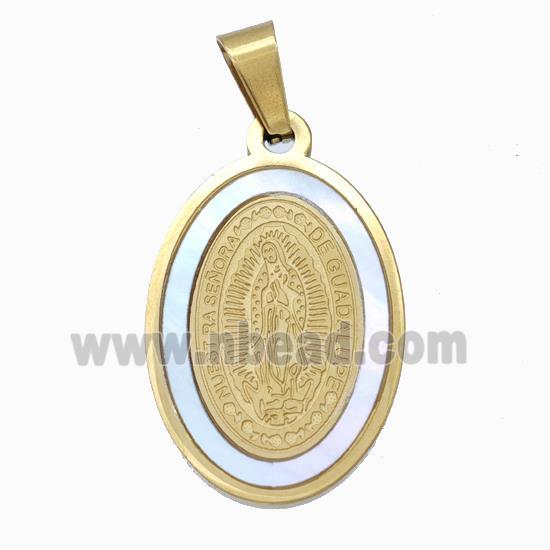 Virgin Mary Charms Stainless Steel Oval Pendant Pave Shell Gold Plated