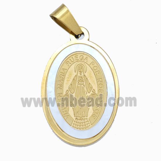 Jesus Charms Stainless Steel Oval Pendant Pave Shell Gold Plated