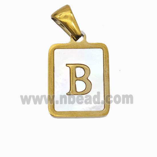 Stainless Steel Rectangle Pendant Pave Shell Letter-B Gold Plated