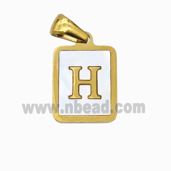 Stainless Steel Rectangle Pendant Pave Shell Letter-H Gold Plated