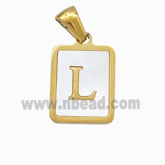 Stainless Steel Rectangle Pendant Pave Shell Letter-L Gold Plated