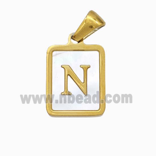 Stainless Steel Rectangle Pendant Pave Shell Letter-N Gold Plated