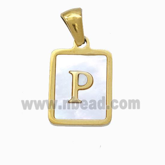 Stainless Steel Rectangle Pendant Pave Shell Letter-P Gold Plated