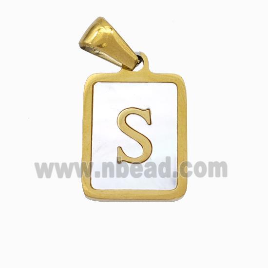 Stainless Steel Rectangle Pendant Pave Shell Letter-S Gold Plated