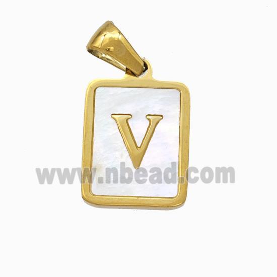 Stainless Steel Rectangle Pendant Pave Shell Letter-V Gold Plated