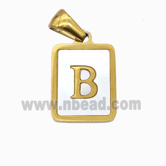 Stainless Steel Rectangle Pendant Pave Pink Shell Letter-B Gold Plated