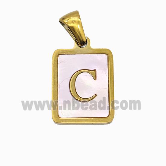 Stainless Steel Rectangle Pendant Pave Pink Shell Letter-C Gold Plated