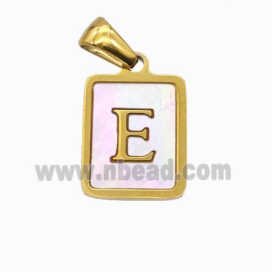 Stainless Steel Rectangle Pendant Pave Pink Shell Letter-E Gold Plated