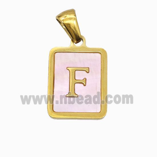 Stainless Steel Rectangle Pendant Pave Pink Shell Letter-F Gold Plated